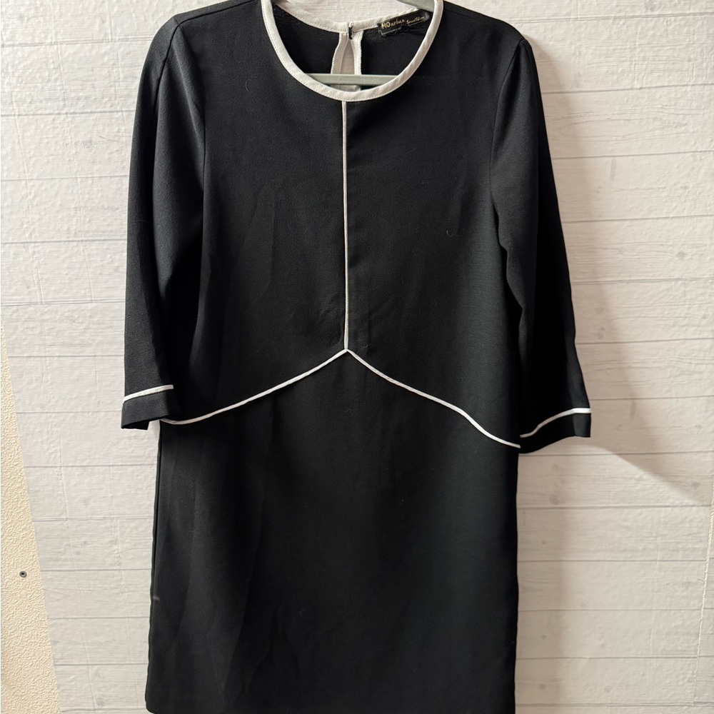 Mo Urban Black Long-Sleeve Shift Dress with White Piping